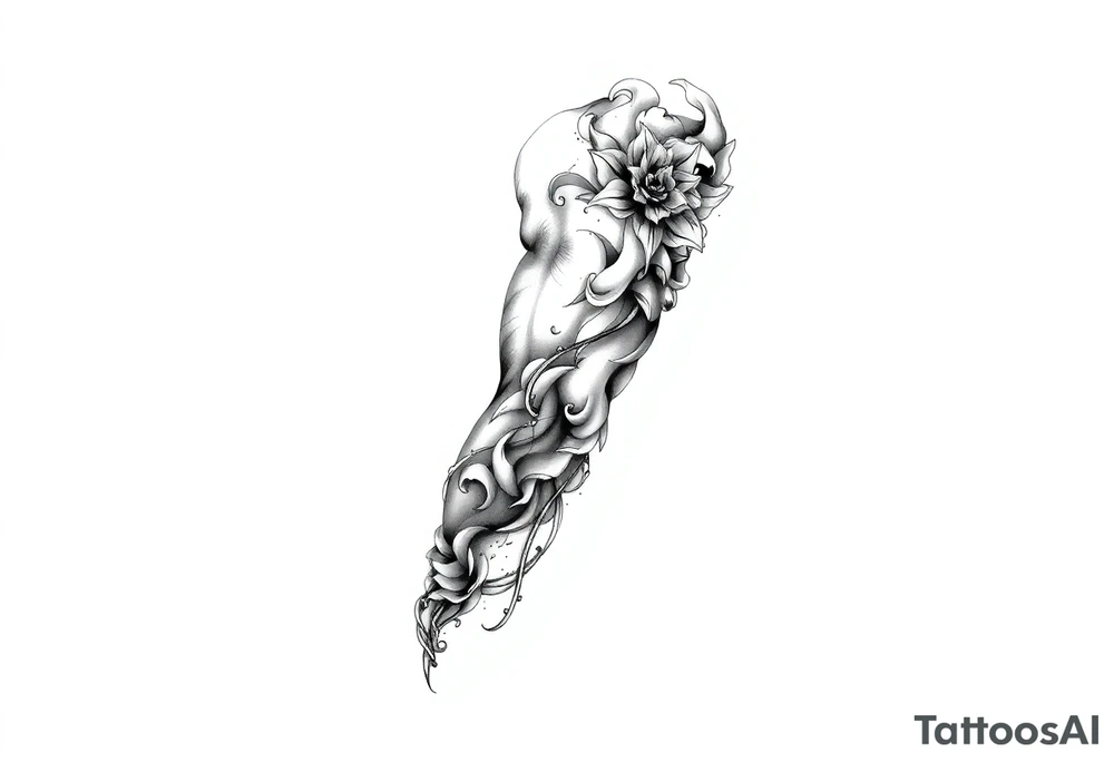 Tattoo sleeve filler using smoke, ash, and fragmented memory effects, organic flow wrapping around arm muscles, soft gradients, negative space, black and grey realism, seamless transitions between main tattoo elements. tattoo idea