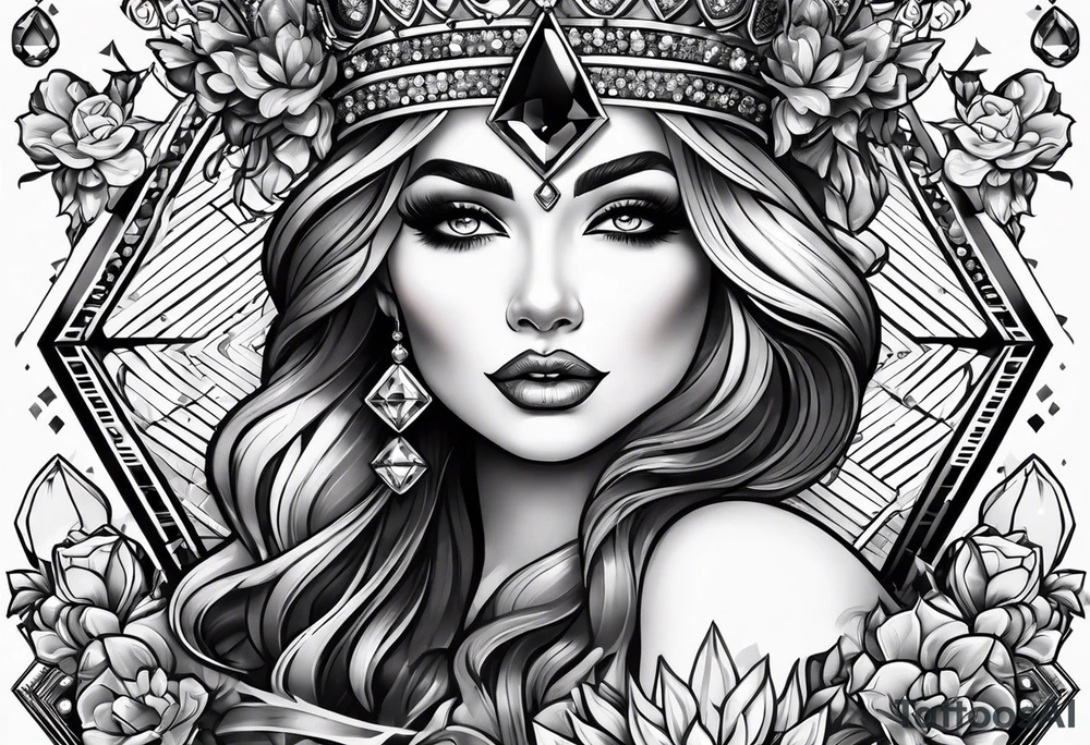 Fancy queen of diamonds and gemstones tattoo idea