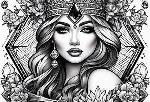 Fancy queen of diamonds and gemstones tattoo idea