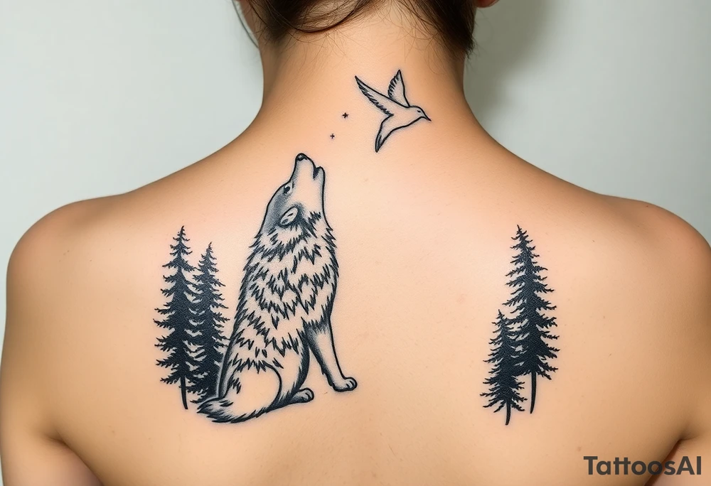 Lone wolf howling at the moon stars in the night sky in a forest with a little dove in the sky tattoo idea
