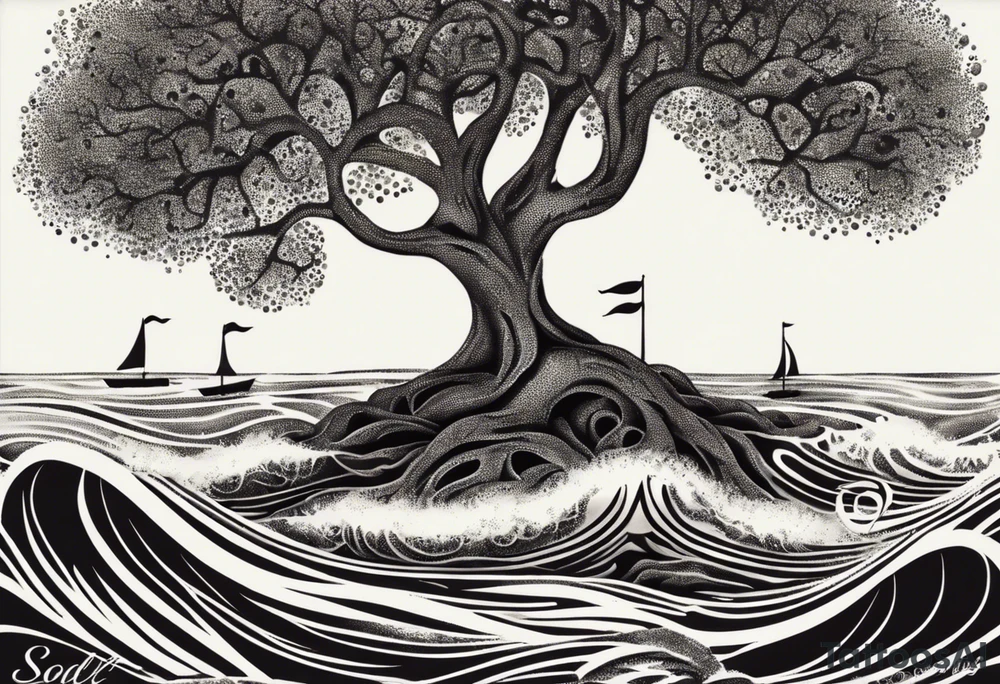 A tattoo design that incorporates the following elements: an abstract tree of life that has roots emerging  from the ground. Waves of water encapsulate the tree and wind around it in an organic way.  Incorporate music.   the letters U and A are overlapping and engraved into the tree. a golf ball incorporated but not prominent. tattoo idea