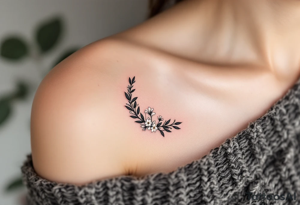 Minimalist Black and White Wreath – A simple yet striking wreath design in black ink, with delicate thin leaves and a few small white flowers, focusing on clean lines and contrast. tattoo idea