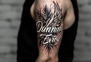 Dunning, left forearm details include angel wing, greek type of font,jungle leaves, name in white color tattoo idea