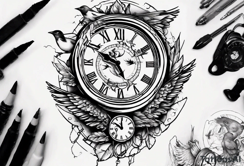 clock breaks into birds tattoo idea