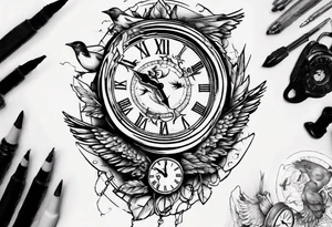 clock breaks into birds tattoo idea