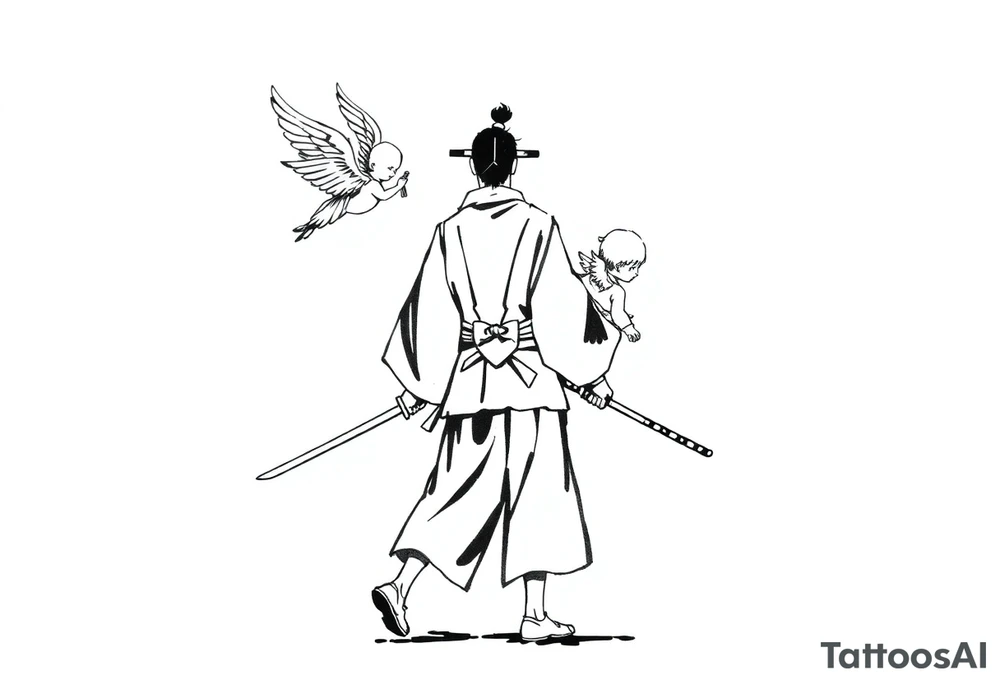 "Blackwork tattoo sketch of a lone samurai walking forward, shown in dramatic silhouette style. The samurai wears traditional kimono and hakama, holding a katana in one hand with the blade pointing downward. Behind him floats a small child angel with detailed feathered wings, gently touching the samurai’s back with one hand, as if stopping or guiding him. Strong contrast, dynamic ink splatter, rough brush strokes, Japanese sumi-e vibe, emotional and symbolic composition, high detail linework, no background." tattoo idea