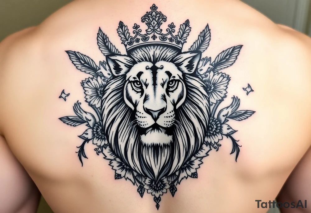 powerful majestic lion with a crown, surrounded by floral ornaments and birds tattoo idea