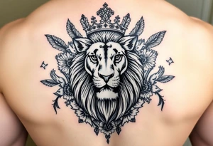 powerful majestic lion with a crown, surrounded by floral ornaments and birds tattoo idea