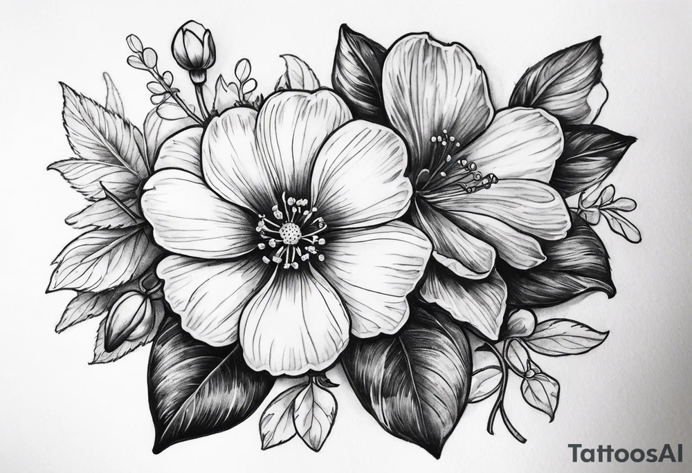 Can you please design a wildflower tattoo with 2 violets as the focal point.  I would like a small blueberry and a small strawberry in the tattoo.  I would like it black and white.  I would like this on my left shoulder cap extending down my upper arm. tattoo idea