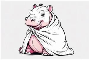 Baby hippopotamus wrapped in a swaddle and has a knife sideways in its mouth tattoo idea