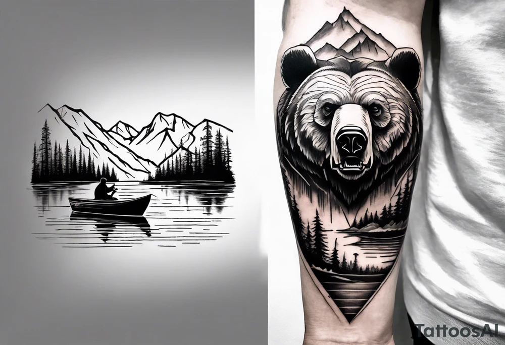 bear head right above the forest line with a lake below with a small fisher boat floating on it, full sleeve tattoo tattoo idea