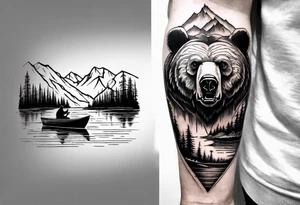 bear head right above the forest line with a lake below with a small fisher boat floating on it, full sleeve tattoo tattoo idea