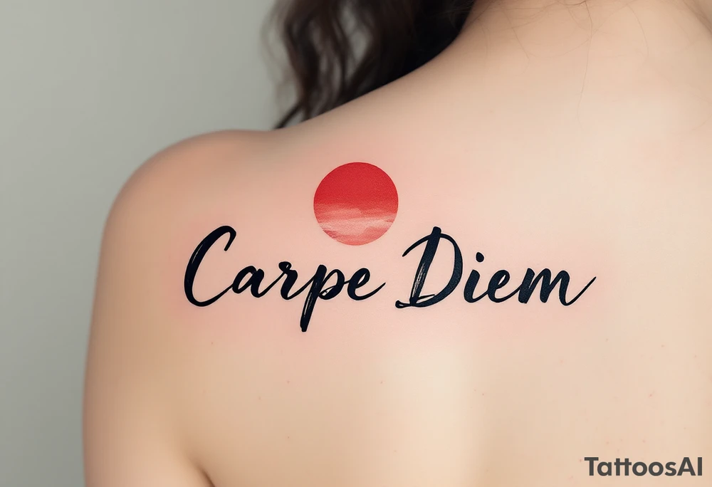 Brushstroke-style black text of "Carpe Diem" paired with a crimson Japanese sun above it. tattoo idea