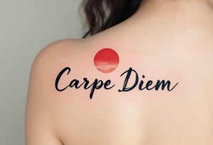Brushstroke-style black text of "Carpe Diem" paired with a crimson Japanese sun above it. tattoo idea