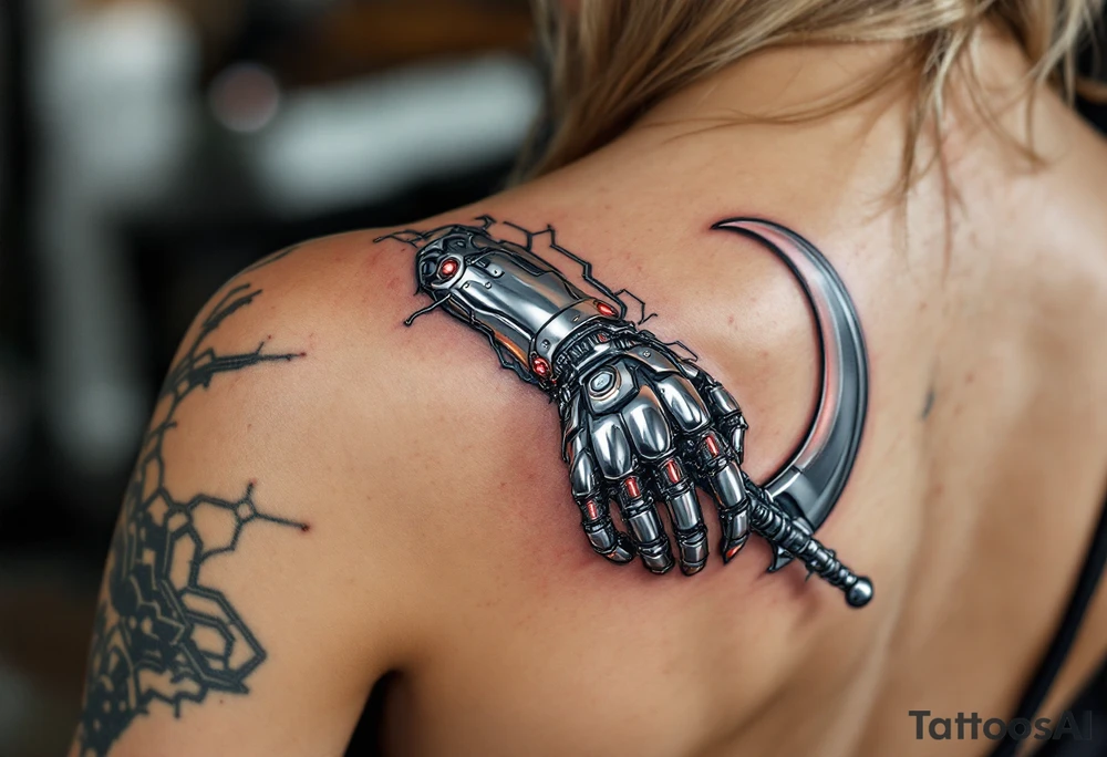 A chrome-plated robotic hand clutching a gleaming silver scythe with glowing red circuitry running up its fingers. tattoo idea