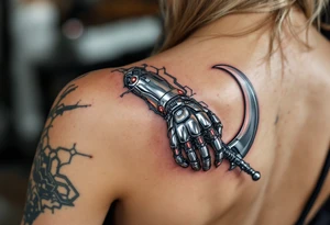 A chrome-plated robotic hand clutching a gleaming silver scythe with glowing red circuitry running up its fingers. tattoo idea