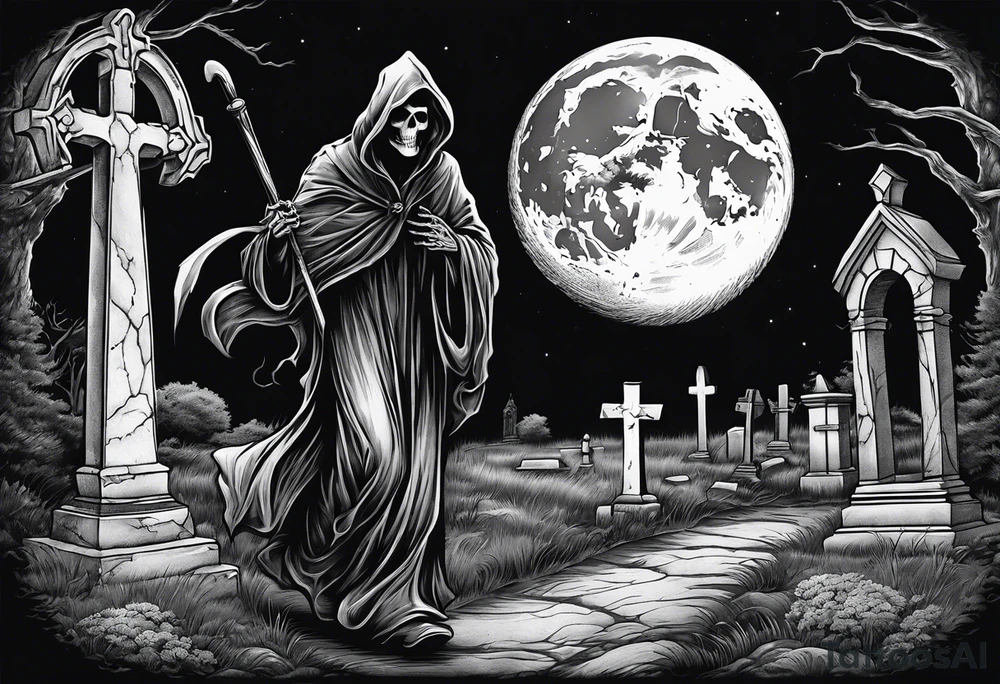 Grim reaper walking through an old cemetery with a full moon tattoo idea Grim reaper walking through an old cemetery with a full moon tattoo idea