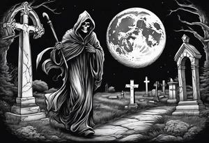 Grim reaper walking through an old cemetery with a full moon tattoo idea