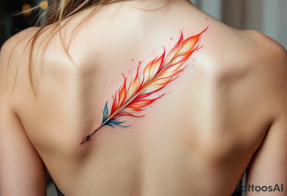 A golden arrow with a phoenix feather red and gold tail tattoo idea