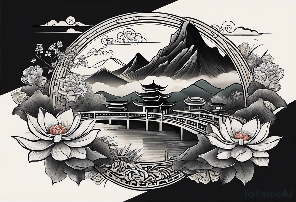 A black Vietnamese tattoo design featuring intricate depictions of sacred animals like the dragon and turtle intertwined with majestic mountains and lush rice fields. Incorporate iconic elements such as the conical straw hat floating above, surrounded by blooming lotus flowers and traditional silk lanterns. The tattoo reflects the essence of Vietnam's breathtaking nature, with swirling mist and flowing water elements woven into the composition, merging traditional artistry with a modern flair. Use a color palette that evokes the lush greens of the countryside and the warm tones of sunset. tattoo idea