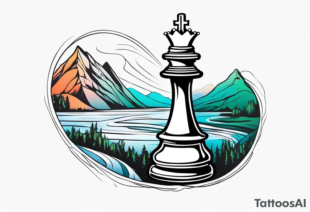 soft chess queen piece contour with mountain river flowing underneath tattoo idea