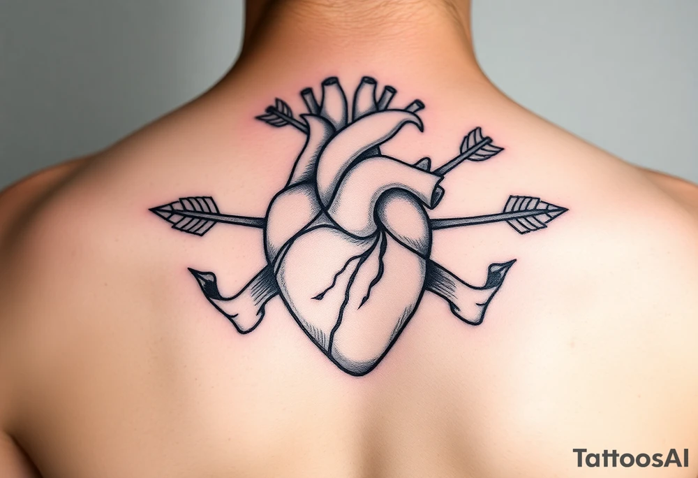 anatomical heart pierced by ornate arrow with flowing ribbons tattoo idea