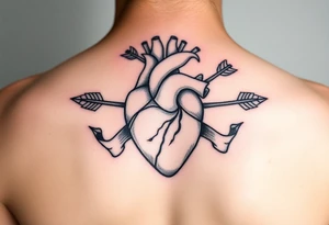 anatomical heart pierced by ornate arrow with flowing ribbons tattoo idea