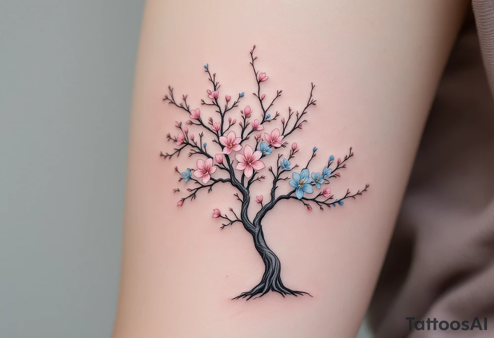 Cherry Blossom Family Tree – A blossoming tree with pale pink (for women) and blue (for men) flowers, each bloom representing a member of the family, and soft gray branches. tattoo idea