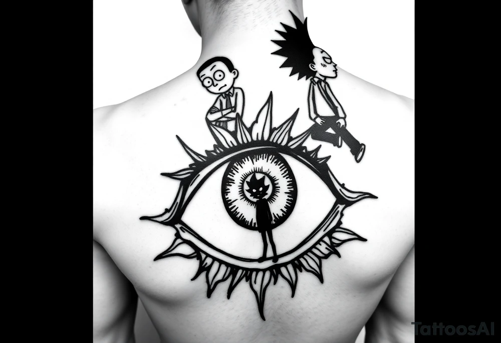 Boondocks Riley Freeman and Huey Freeman on top. in the middle itachi sharingan with one eye having Rick and Morty walking out of it, tattoo idea