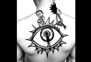 Boondocks Riley Freeman and Huey Freeman on top. in the middle itachi sharingan with one eye having Rick and Morty walking out of it, tattoo idea