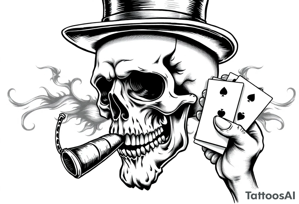 a skull with mustache, a big cigar in his mouth,top-hat on his head and playing cards in a hand. tattoo idea