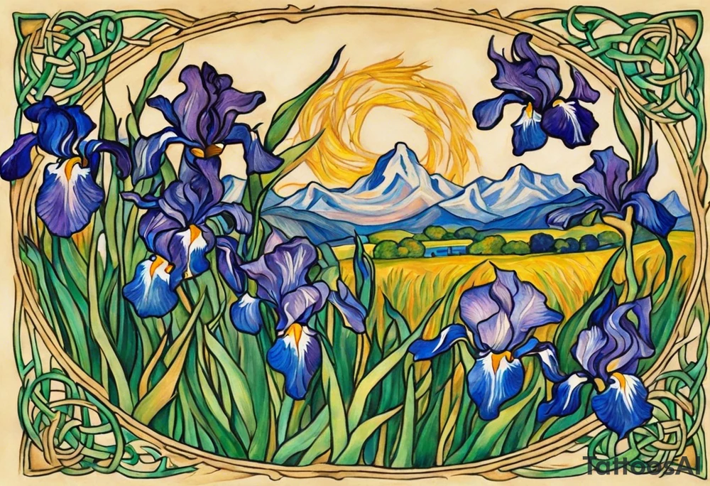 Create a colorful Vincent van Gogh's Irises tattoo, with vines in Celtic knots gracefully holding mountains in a wreath. The intended placement is on the upper chest. The overall design should be small in size while maintaining a delicate and artistic aesthetic. Pay attention to the graceful flow of the vines and the placement of the irises to achieve a refined and elegant look. tattoo idea
