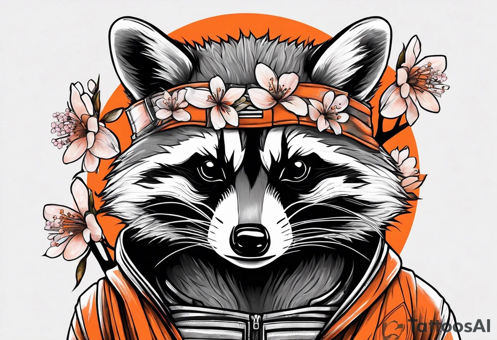raccoon wearing a black and white Superman hoodie and orange Japanese cherry blossoms tattoo idea