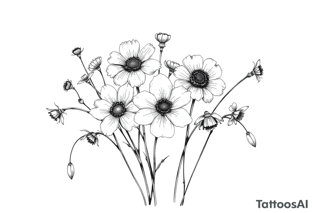 A cluster of wildflowers, with solid black shadows at the base and lighter stippling toward the petals. Some flowers in full bloom while some flowers dying, with petals dropping and falling, symbolizing the passage of time. tattoo idea