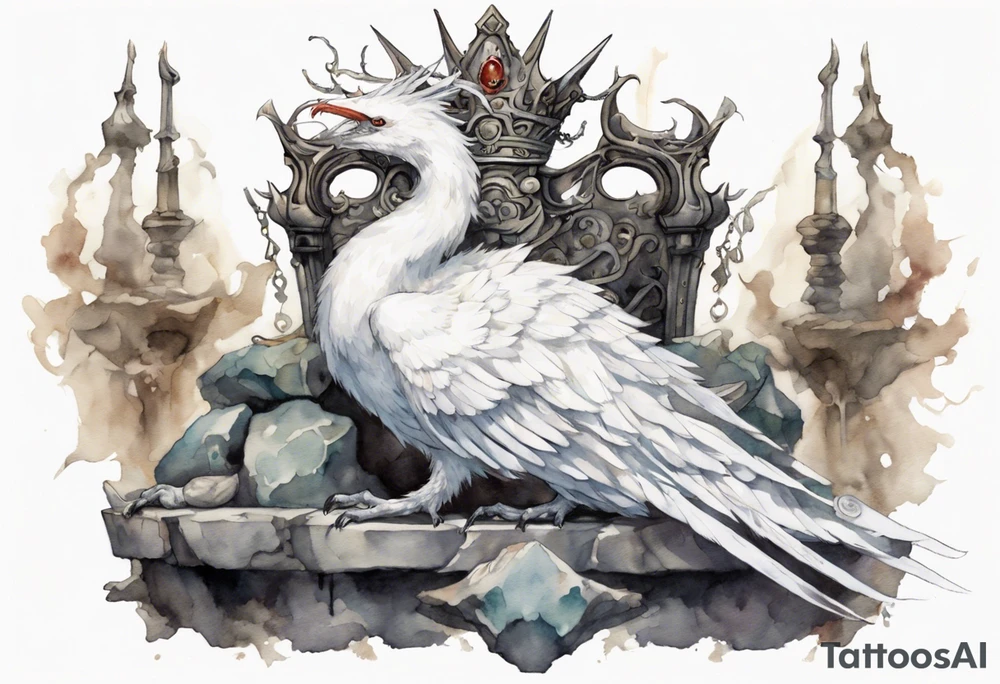 a white bird-serpent hybrid, wearing a pewter crown on its head, resting on a stone throne tattoo idea