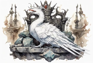 a white bird-serpent hybrid, wearing a pewter crown on its head, resting on a stone throne tattoo idea