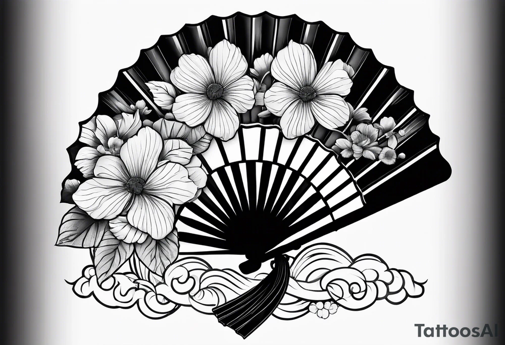 All Black Japanese fan with flowers behind it tattoo idea