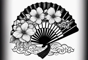 All Black Japanese fan with flowers behind it tattoo idea