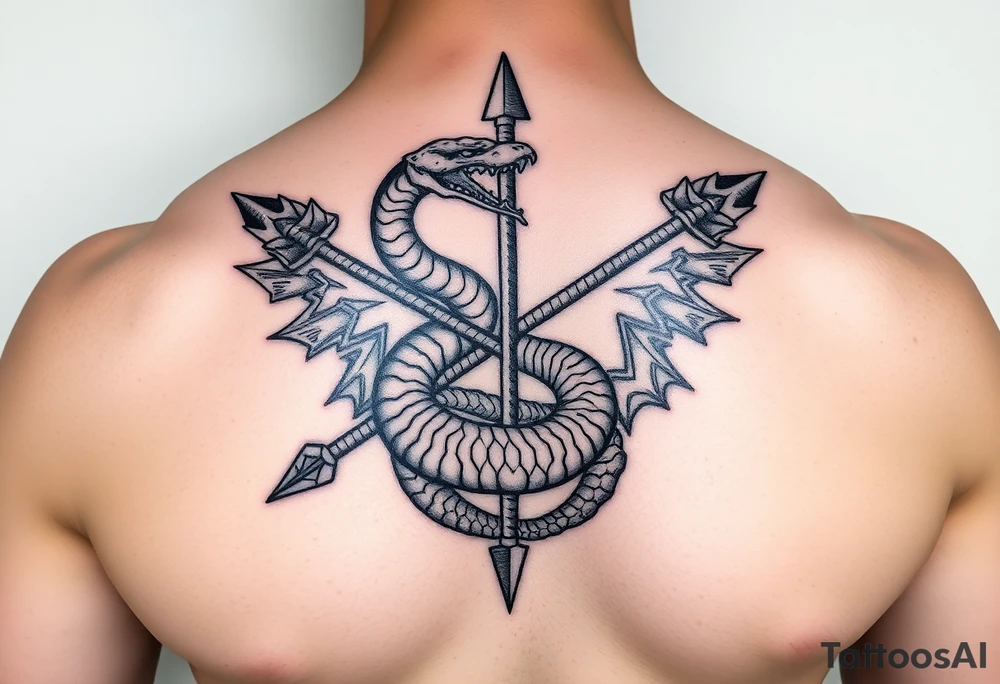 snake with bow and arrow with dragon around chest tattoo idea