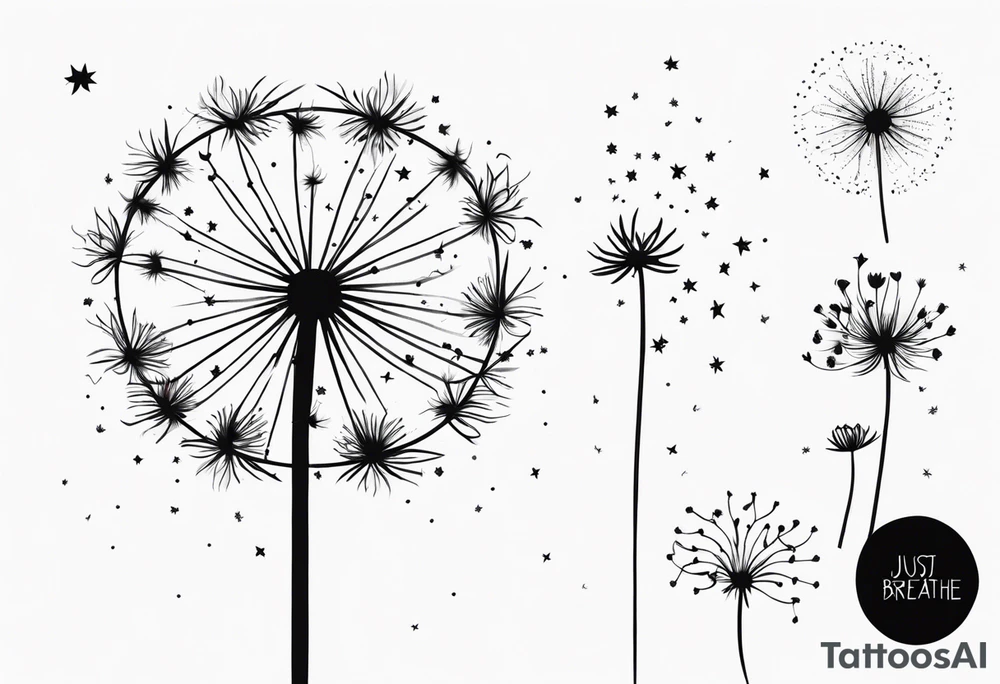 Dandelions with just breathe and the constellations cancer, Virgo, Sagittarius, Aries and Pisces as the petals tattoo idea