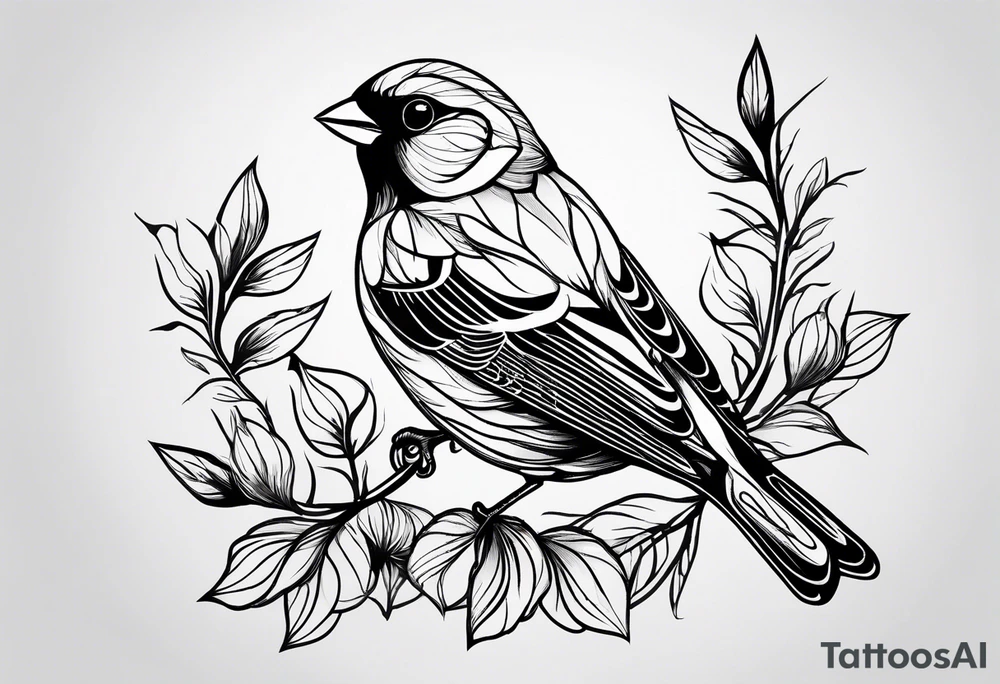 “Generate a simple tattoo design of a finch, showcasing its distinctive shape and a few delicate leaves to enhance the composition.” tattoo idea