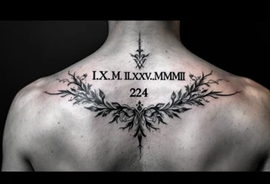 Roman numeral dates IX.IX.MM and II.XXV.MMII with a space between them in a balanced and symmetrical layout, along with the number 224 tattoo idea