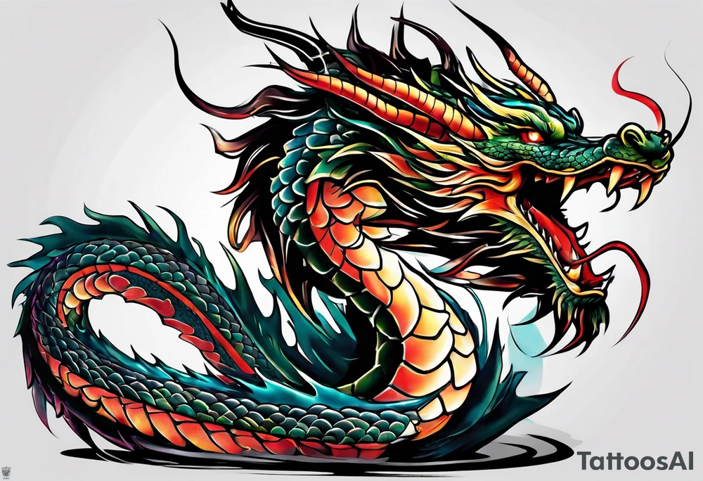 An epic floating asian dragon. Its long body coiling dynamically, with scales and horns detailed to create a sense of movement and strength. The dragon's color is giving a vibrant depth and a mystical aura. This tattoo highlights the dragon’s fierce expression and sharp claws. tattoo idea