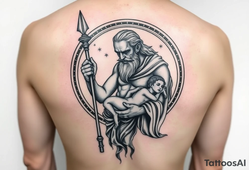 a tattoo design of the Greek God Saturn but older and nearly dying holding his spear looking down using the spear to keep himself upright, in his other arms cradling a twin dying younger version of himself. The gemini constellation is in the background behind the Saturn Gods. Long vertical form as this will be on a thigh - include the planet Saturn rings going round the design tattoo idea
