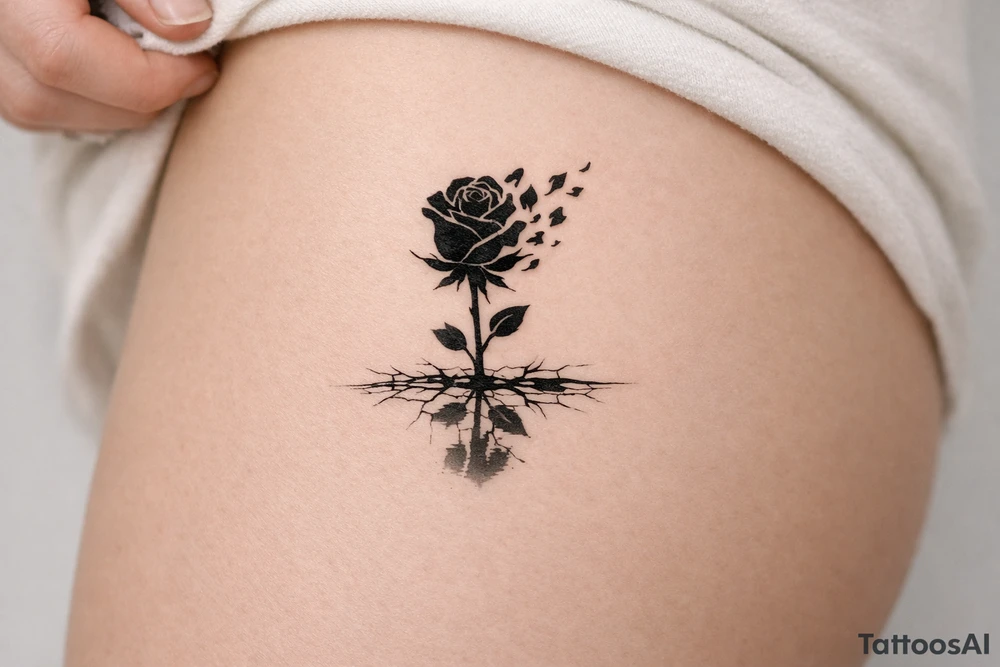Rose silhouette shattering into fragmented petals, reflected in cracked ice. tattoo idea