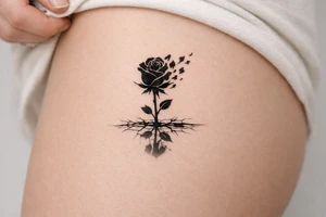 Rose silhouette shattering into fragmented petals, reflected in cracked ice. tattoo idea