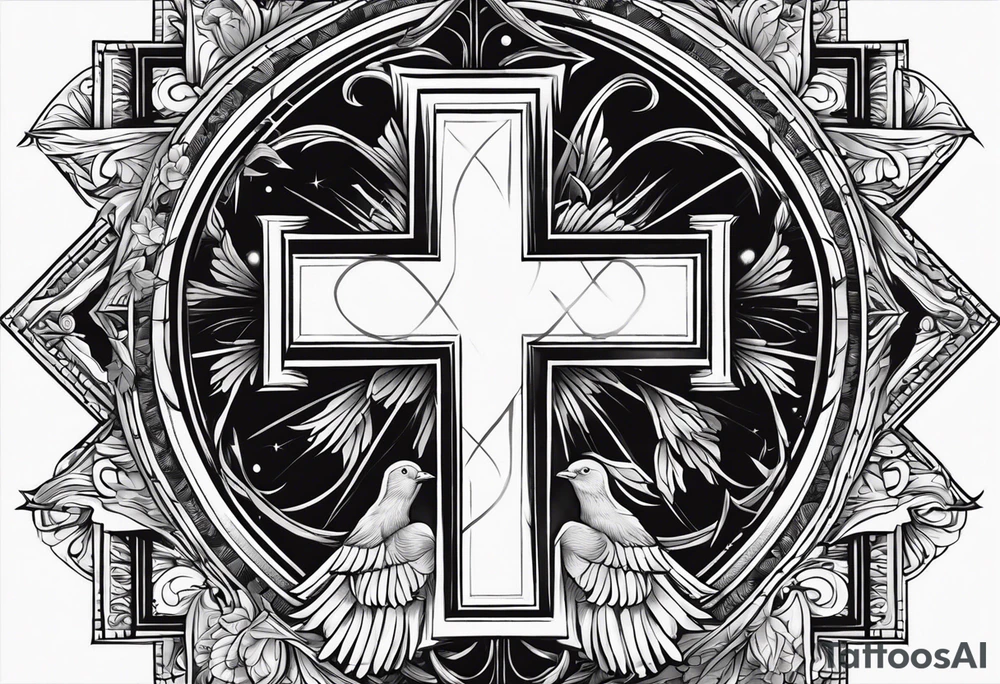 A Cross with doves in the rays of sun with 08/21/2024 in Roman numeral tattoo idea