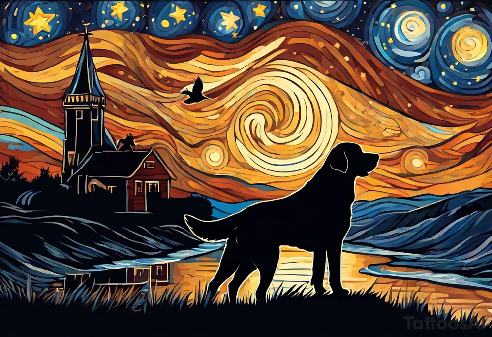 A silhouette of a labrador retriever, a german shephard, a beagle, and an adult human male, looking up at a night sky in the style of Van Gogh Starry Night. Must be narrow and tall to fit on an upper arm. tattoo idea