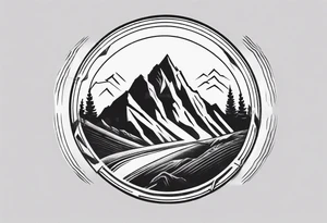 road cycle front wheel drawn as a gym weight plate with a mountain in the middle tattoo idea