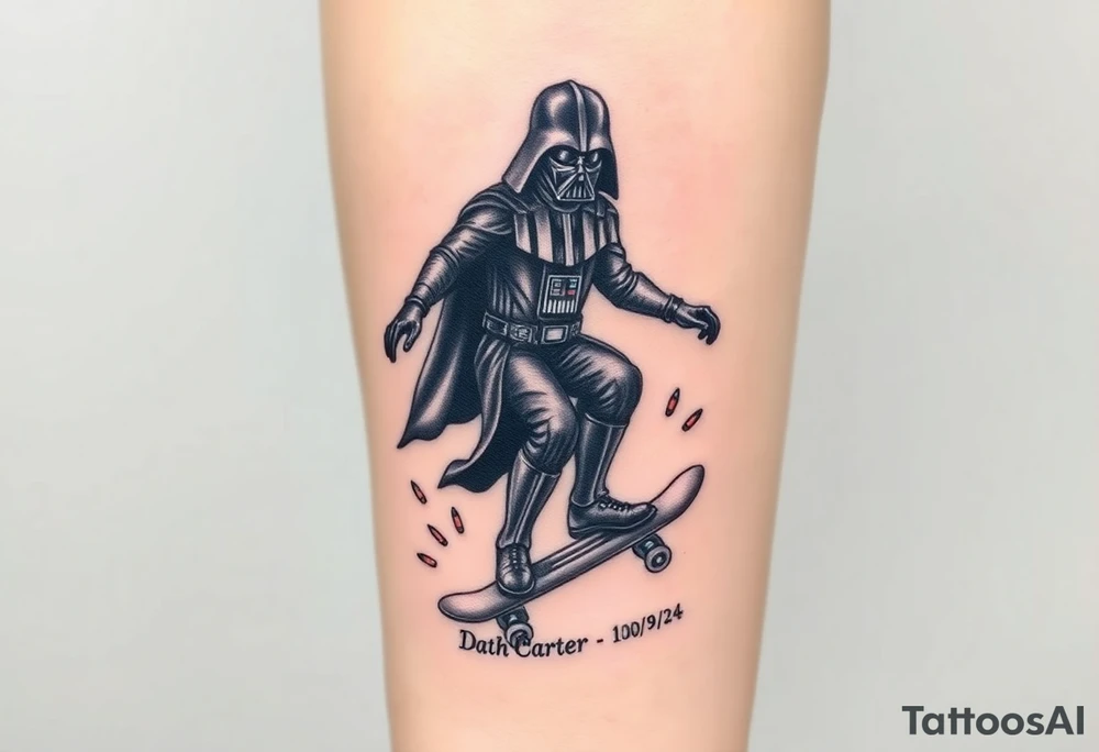 Darth Vader skateboarding > bullets > in loving memory > colors
add words "Darth Carter" to skateboard
add date 12/29/88-01/06/24 tattoo idea